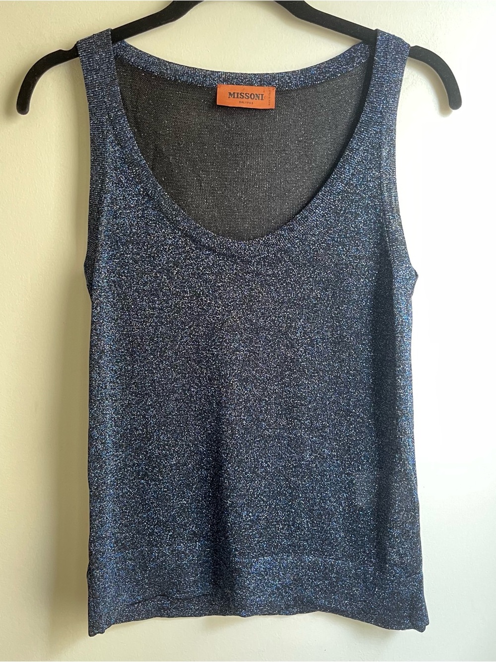 Missoni Lame Blue Metallic Knit Tank Top Navy Silver Made in Italy Size Medium